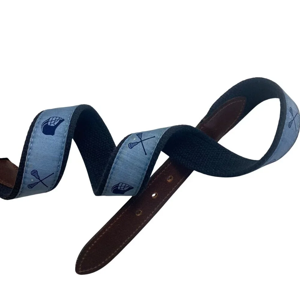 Vineyard Vines Mens Lacrosse Belt 28 Blue Brown Leather Nylon Brass Buckle